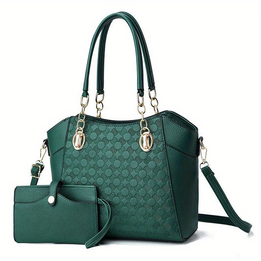 Classic Pattern Embossed Tote Bag, Solid Color Satchel Bag With Purse,
