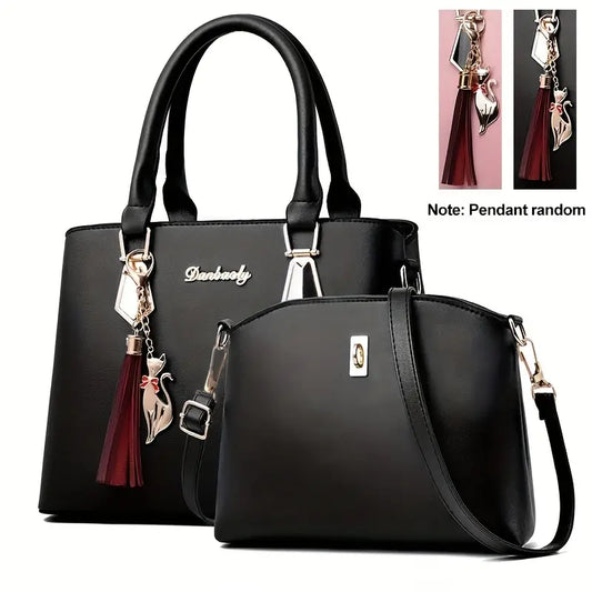 2pcs PU Leather Bag Set, Tassel Decor Handbag & Crossbody Bag,